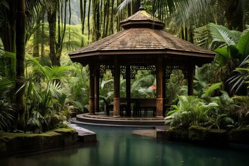 Canvas Print - b'Gazebo in a lush tropical garden with a reflecting pool'