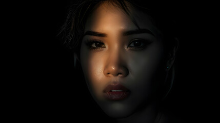 Wall Mural - Portait photography of the face of a young asian woman with black background. Spot light portrait. Expressive girl portrait on dark background. Girl with a spot of light on her face. Sad face.