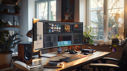 A computer monitor displays a series of images and graphs. The computer is set up in a room with a desk and a chair. The room also has a potted plant and a few other plants