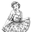Pin-up girl woman in 1950s dress moment of playful twirl retro fashion elegance sketch engraving generative ai fictional character vector illustration. Scratch board imitation. Black and white image.