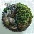 Global Sustainability, development. Planet Earth. Industrial vs Nature: Contrast of Urbanization and Forests; Concept of Environmental Balance. Carbon capture, green energy, pollution crisis