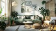 © Bouchra - A living room with a green couch, a coffee table, and a few potted plants. The room has a modern and natural feel to it