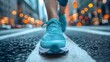 Athletic runner in sneakers on city street against cityscape backdrop. Concept Athletic Runner, Sneakers, City Street, Cityscape Backdrop, Healthy Lifestyle