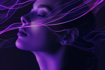 Wall Mural - Side profile of a woman's face illuminated by vibrant purple and pink light waves in a dark background, creating a futuristic vibe