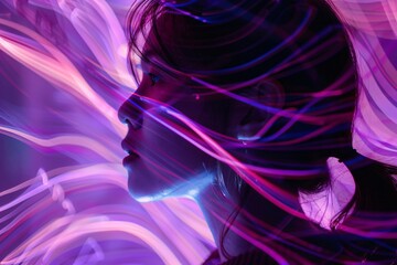 Wall Mural - A woman's face in a dark setting with streaks of white and purple light swirling around, giving a sense of motion and energy