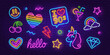 © VRTX - Fashion Neon Sign set 5 on brick wall background. Editable neon icons set of Ranbow Heart sign, Unicorn, Cherry, cocktail, etc. I Iove 90s Neon night sign, a glowing light banner club or bar party