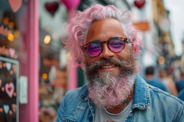 Sticker - A stylish and extravagant portrait of a colorful, hipster elderly man exuding confidence and happiness.