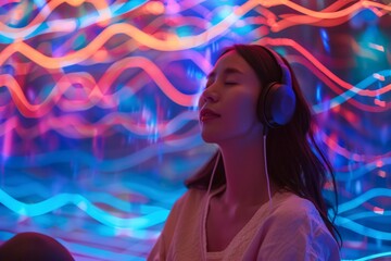 Wall Mural - Relaxed woman with headphones, colorful neon wave lights in background