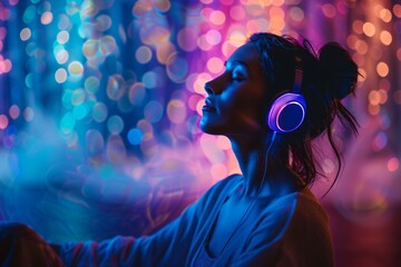 Wall Mural - Serene woman with headphones, bokeh lights, blue and pink hues