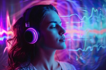 Wall Mural - Woman with illuminated headphones, vibrant neon light patterns, eyes closed in enjoyment
