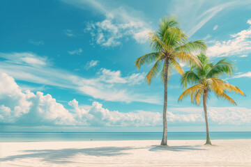 Wall Mural - Amazing tropical beach with palm trees. Hot sunny summer day and with blue sky. Summer vacation and travel concept.