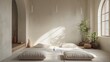 A serene meditation corner with minimalist floor cushions and soothing decor; fostering mindfulness and relaxation in a tranquil setting. --ar 16:9 Job ID: 40f45687-9a7e-4f39-ba2f-5402caa44563