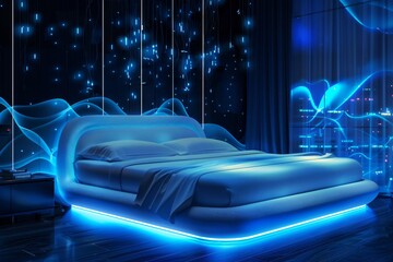 Sticker - bedroom with blue waveform lighting and glowing bed base
