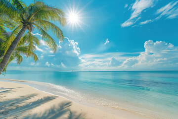 Wall Mural - Amazing tropical beach with palm trees. Hot sunny summer day and with blue sky. Summer vacation and travel concept.