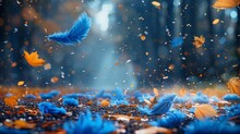   A Blue Bird Flies Through A Forest Of Blue And Orange Leaves, Their Vibrant Hues Contrasting Beneath Its Wings Autumnal Foliage Descends Around It, Carpeting The Ground