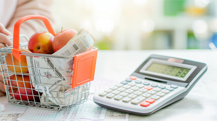 Shopping basket with food and a calculator on a table with copy space. Concept of inflation, price increase in household and food expenses.