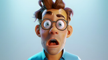 Wall Mural - Portrait of surprised shocked scared cartoon character adult man male person wearing casual blue shirt in 3d style design on light background. Human people feelings expression concept