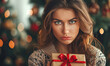 Funny picture of a young grumpy face and unhappy woman holding a present in her hands