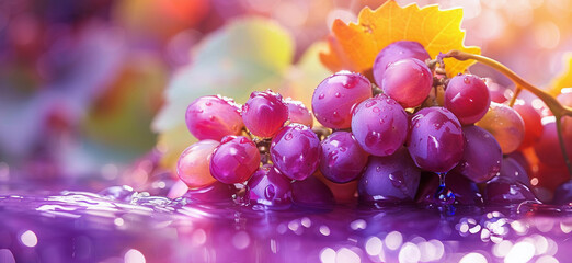 Wall Mural - Fresh blue grape splashing in water with droplets flying around, vibrant colors. stock photo of water splash with purple grapes Food Photography