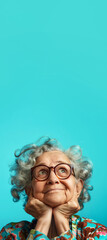 Funny looking elderly woman wearing glasses, dreamy face expression, looking up into empty copy space above as if thinking. Generative AI