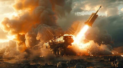 Wall Mural - Agile missile launch from mobile unit, showcasing modern defense systems and offensive capabilities.