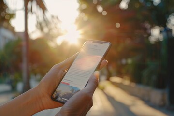 Person using mobile news app on smartphone to read latest articles on a bright sunny day