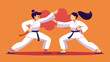 Two students work together on a traditional kata flowing through the movements with precision and synchronization enhancing their teamwork and