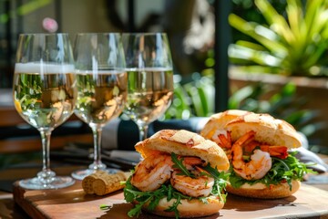 Wall Mural - Tasty prawn sandwiches and glasses of crisp white wine arranged on a wooden table