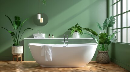 A bathroom with a white bathtub and a green wall. There are two potted plants, one on the left and one on the right