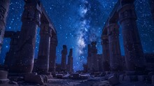 Ancient Ruins Under The Stars: A Portal To Forgotten Gods Amidst The Remnants Of An Ancient Civilization, Where Columns Stand As Silent Sentinels Under A Star