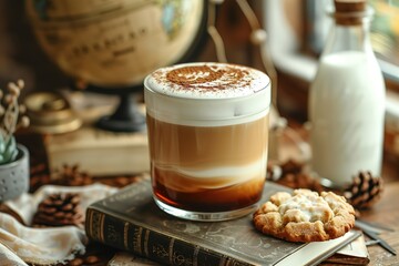 Wall Mural - A tall glass of caramel macchiato, is placed on an old book with some vintage stationery and books around it