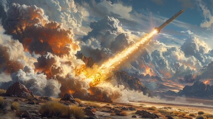 Wall Mural - Rapid hypersonic missile launch from mobile launcher, demonstrating speed and effectiveness in military operations. 