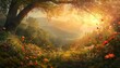A serene summer landscape unfolds, with vibrant flowers blooming under the gentle glow of a setting sun, casting warm hues across the tranquil scene, art concept