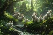 In the heart of a lush green forest, a group of fluffy bunnies with cottonball tails hop joyously around a sparkling stream, their noses twitching with delight