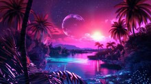 Retro Futuristic Sci-fi Illustration Infused With Nostalgic 90s Vibes. Features Neon Colors Of Night And Sunset, Depicting A Cyberpunk Vintage Scene With Sun, Mountains, And Palms.