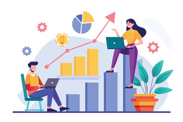 Wall Mural - Two individuals are seated at a table, both focused on their laptops as they work, Employees analyze the company's growth, Simple and minimalist flat Vector Illustration