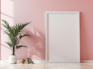 Wall Mural - Blank White Photo Frame Mockup on Pink Background, Minimalist Design, Presentation Template, Graphic Design - Marketing, Interior Decor