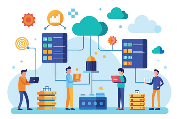 Poster - Diverse group of professionals standing around a laptop, collaborating and discussing data analysis, Engineers consolidate big data, Simple and minimalist flat Vector Illustration