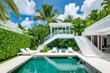 Tropical Tranquility: Luxurious villa poolside oasis with lush palm surroundings and a stylish white staircase