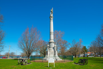 Soldier and Sailors Memorial Monument on Town Common in historic town center of Wakefield, Middlesex County, Massachusetts MA, USA. 