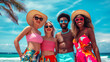 happy  diverse group of friends in colorful beachwear on sunny tropical beach, vacation and travel concept