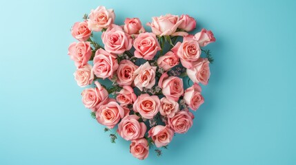 Poster - A stunning heart shaped bouquet of fresh pink roses set against a dreamy pastel blue backdrop evoking thoughts of Valentine s Day Easter weddings or Mother s Day This imaginative floral arr