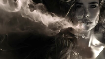 Wall Mural - Fashion surreal Concept. Portrait of stunning woman girl blowing out swirling smoke clouds fog dark background. wallpaper banner clip mov 4K HD motion	
