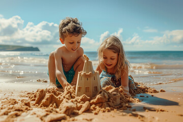 Two Children Playing in the Sand at the Beach