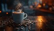  A cup of coffee atop a wooden table, surrounded by coffee beans, emits steam