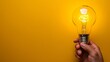  A hand holds a regular light bulb against a yellow background Another hand, depicted as a light bulb shaped head, hovers nearby