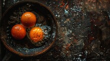   A Bowl Holds Three Oranges Atop A Weathered Wooden Table Nearby, A Rusted Metal Surface Rests