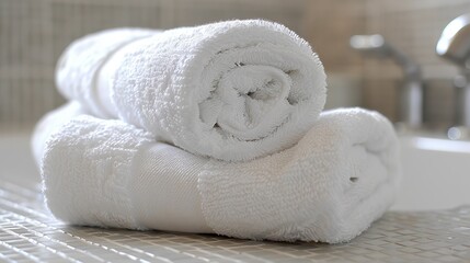 Wall Mural -   A stack of white towels sits atop a bathroom sink, next to the faucet