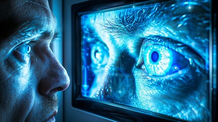 Poster -   A tight shot of a person intently gazing at a TV screen, the evil eye icon glaring from its center