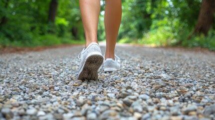 Wall Mural -   A person's feet closely captured while walking on a gravel path Trees line the background